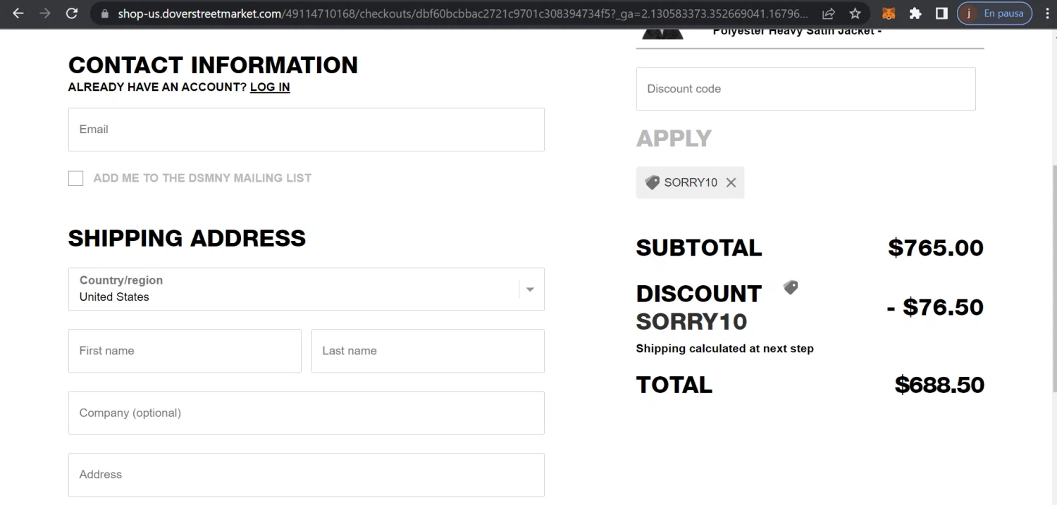 Dover Street Market checkout page showing Dover Street Market discount code box | Screenshot taken by SimplyCodes community member on Mar 24, 2023