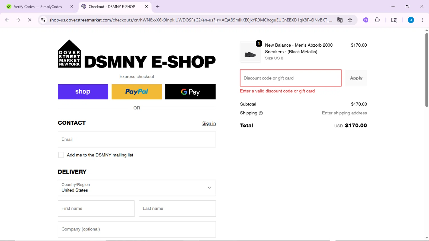 Dover Street Market discount code screenshot showing code THANKYOU10 applied at Dover Street Market checkout page. Uploaded by SimplyCodes community member CodeLynx3161 on Feb 19, 2026