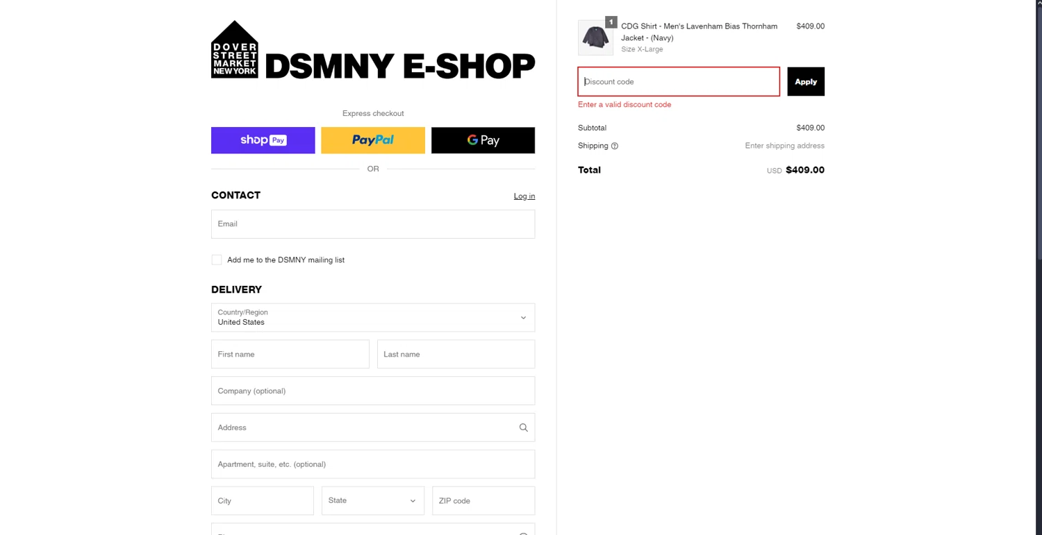 Dover Street Market discount code screenshot showing code THANKYOU10 applied at Dover Street Market checkout page. Uploaded by SimplyCodes community member ThriftyScout2507 on Jan 19, 2025