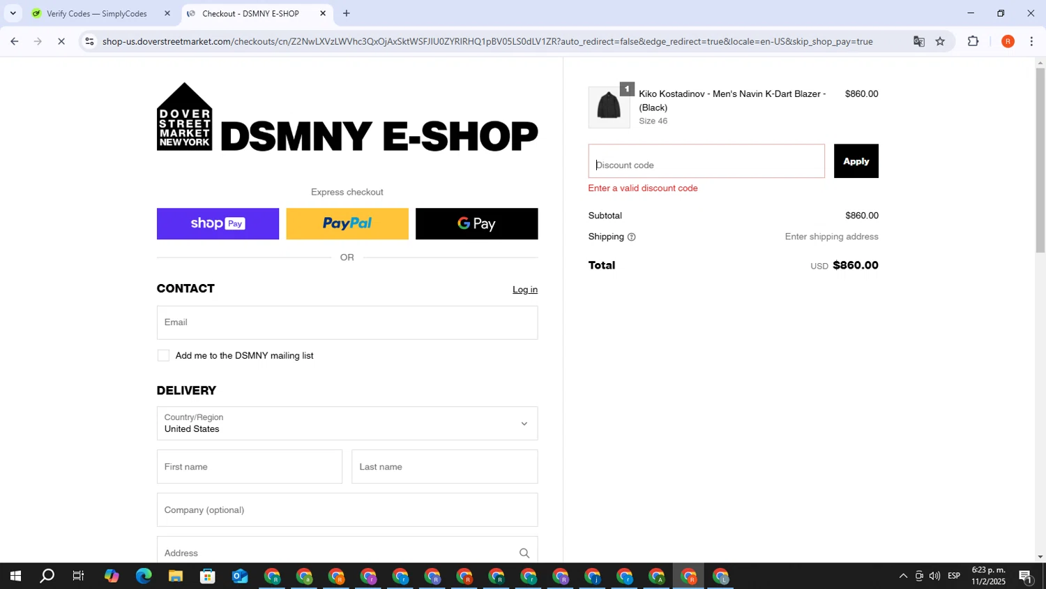 Dover Street Market discount code screenshot showing code THANKYOU10 applied at Dover Street Market checkout page. Uploaded by SimplyCodes community member DealVirtuoso2241 on Feb 11, 2025