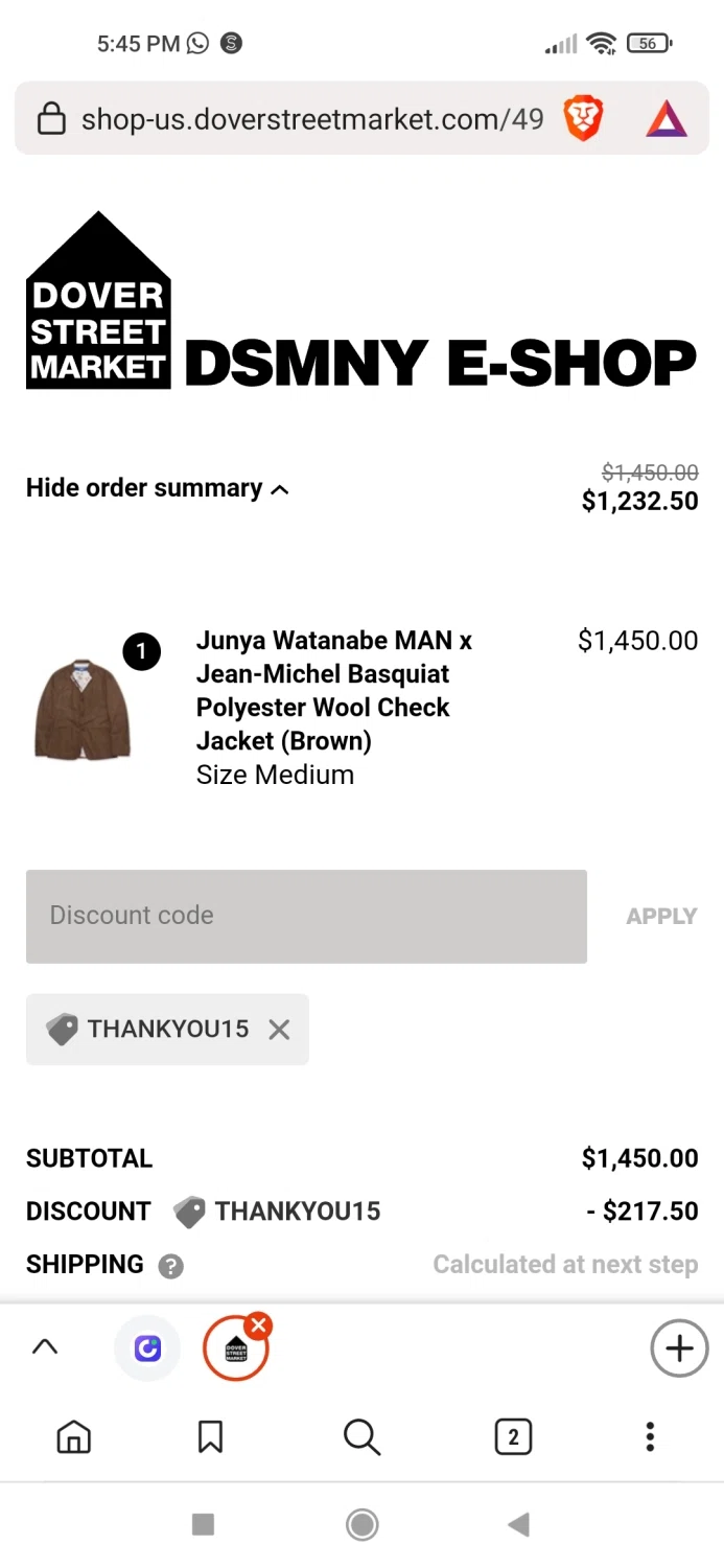 Dover Street Market checkout page showing Dover Street Market discount code box | Screenshot taken by SimplyCodes community member on Feb 6, 2023
