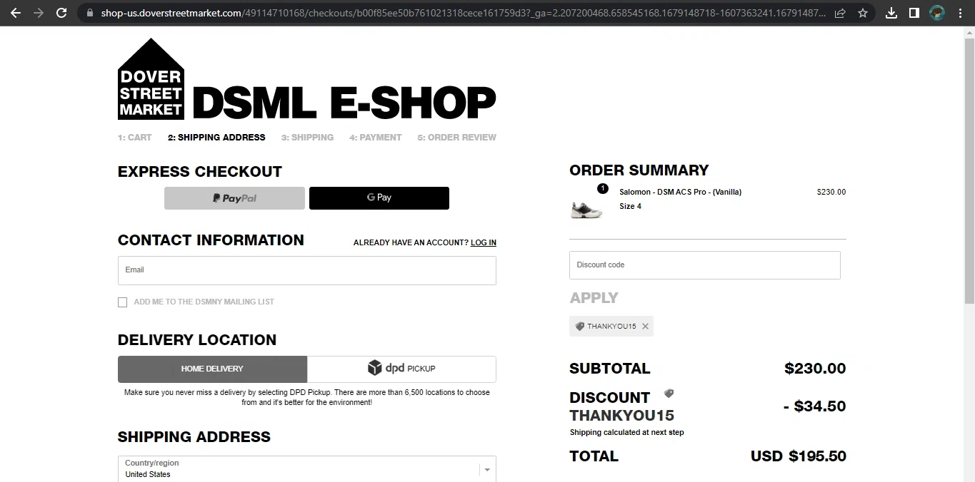 Dover Street Market checkout page showing Dover Street Market discount code box | Screenshot taken by SimplyCodes community member on Mar 18, 2023