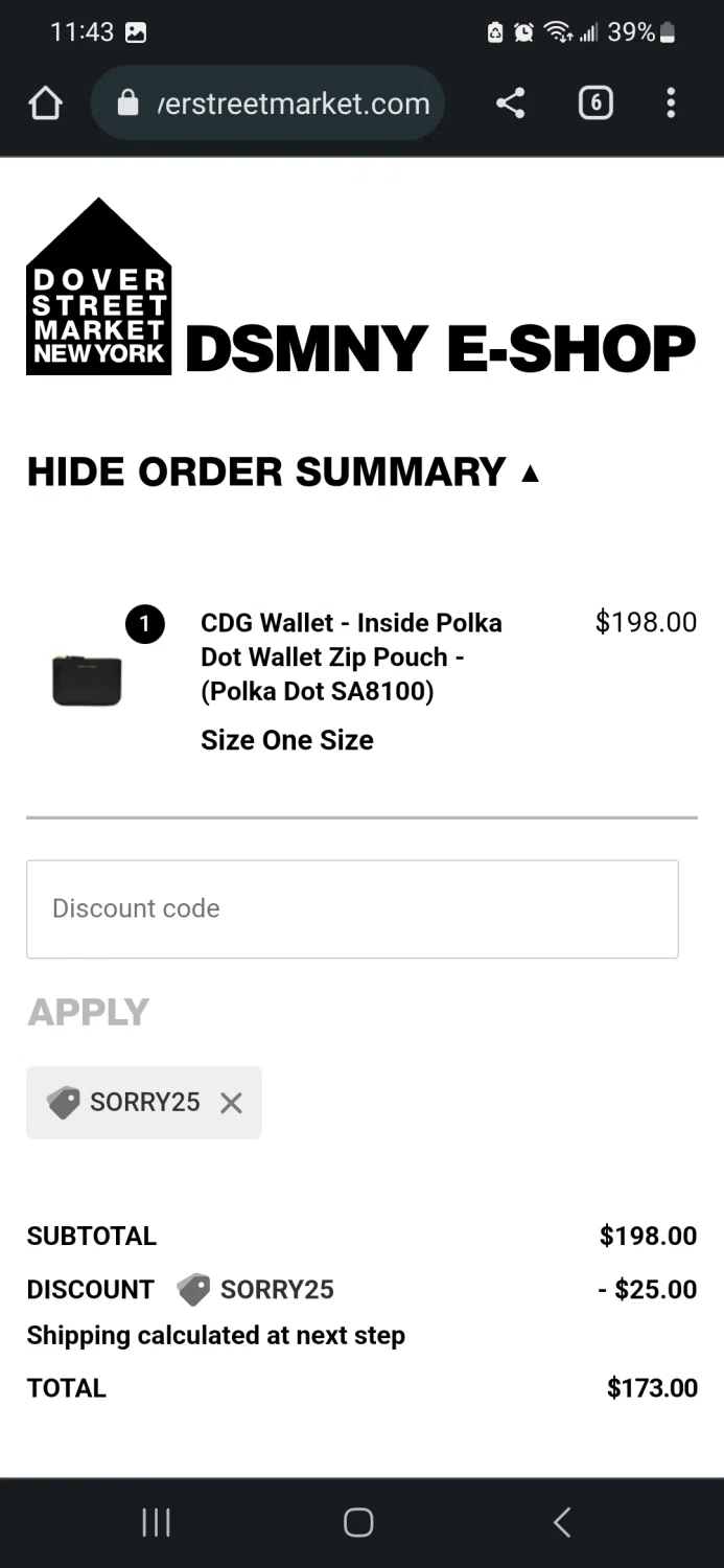 Dover Street Market checkout page showing Dover Street Market discount code box | Screenshot taken by SimplyCodes community member on Apr 25, 2023