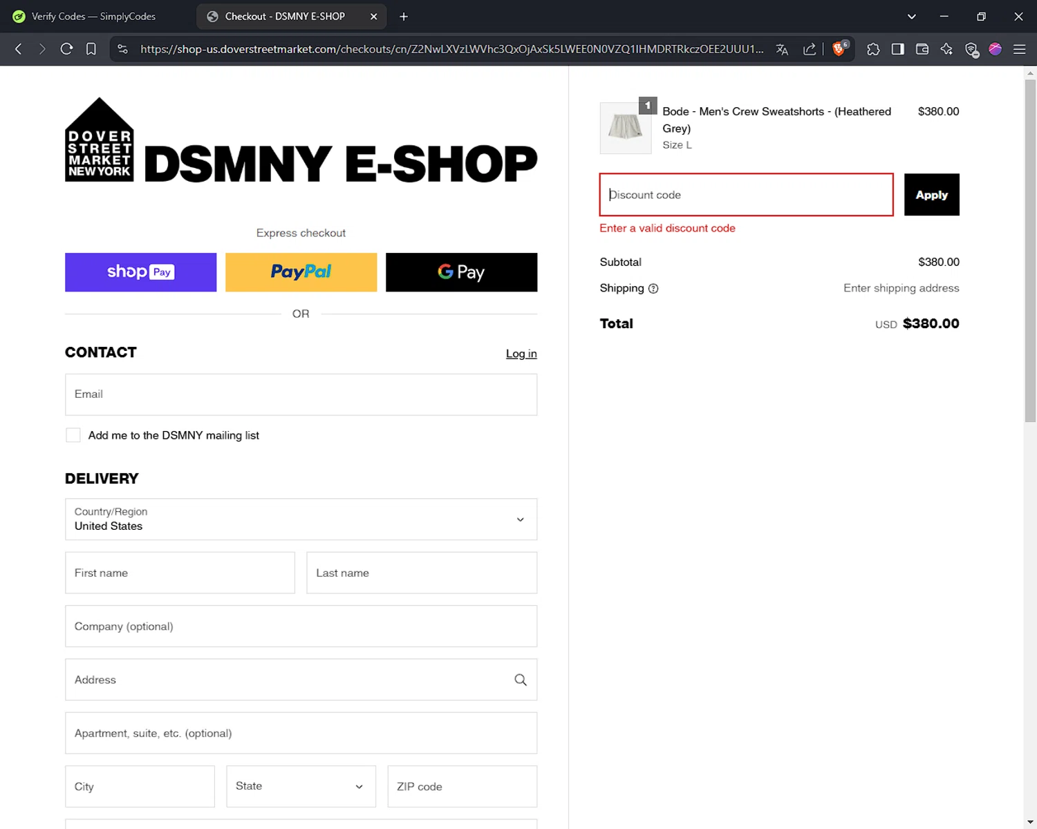 Dover Street Market discount code screenshot showing code 5NGZSRS6JPVN applied at Dover Street Market checkout page. Uploaded by SimplyCodes community member Rayyyyyy on Mar 5, 2025