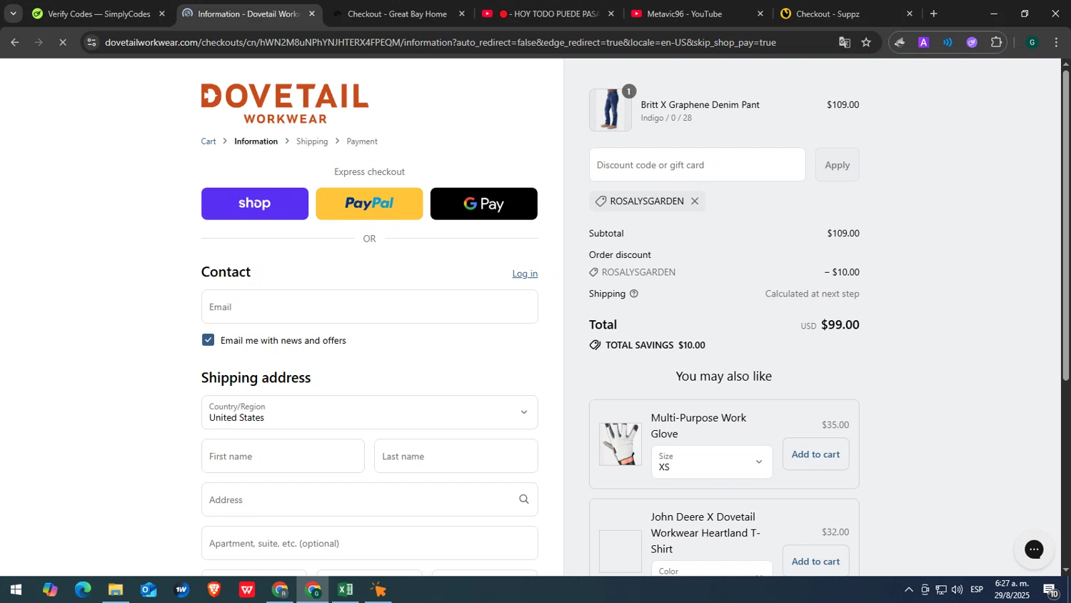 Dovetail Workwear discount code screenshot showing code ROSALYSGARDEN applied at Dovetail Workwear checkout page. Uploaded by SimplyCodes community member yasabesssss on Aug 29, 2025