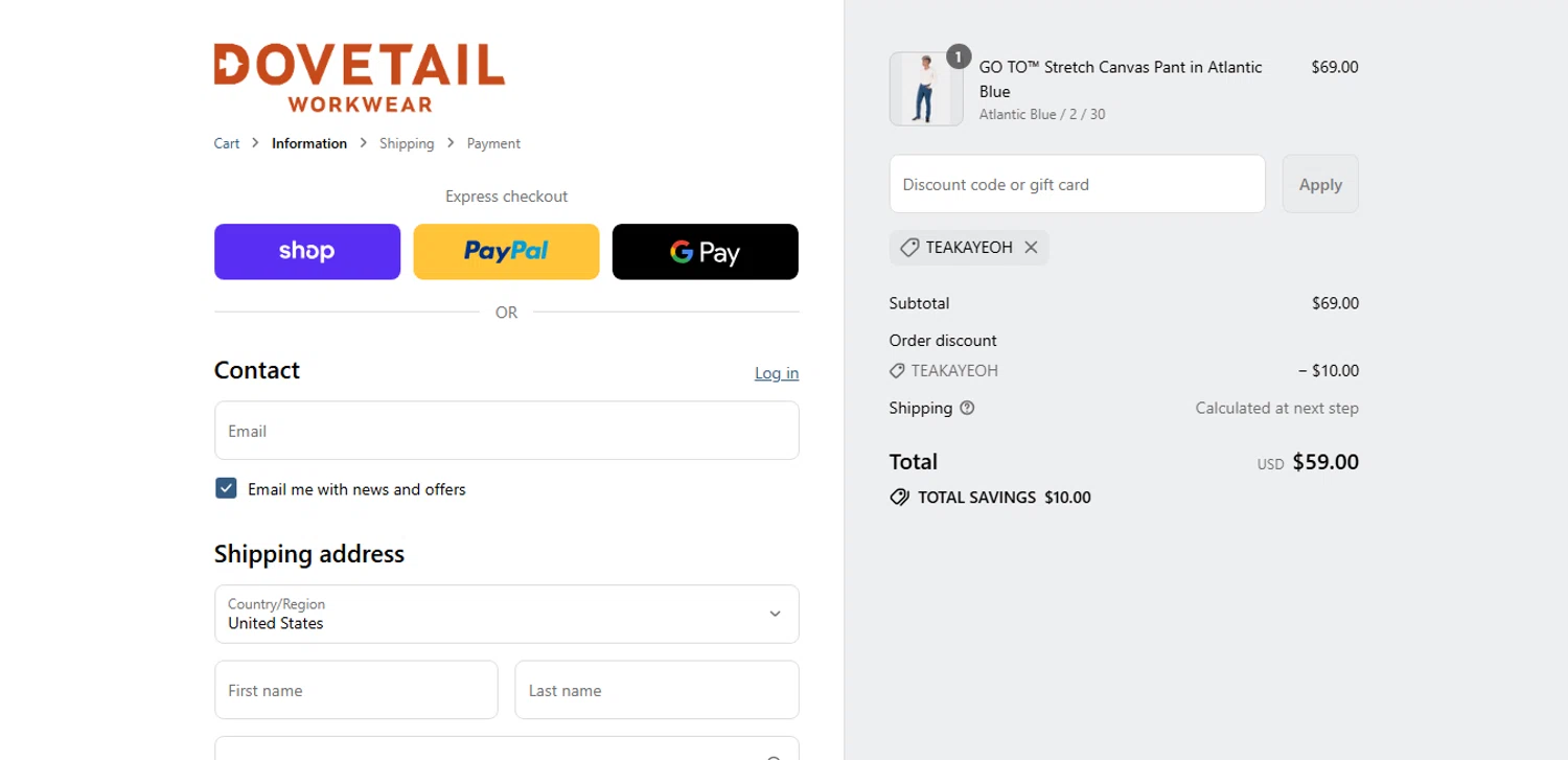 Dovetail Workwear discount code screenshot showing code teakayeoh applied at Dovetail Workwear checkout page. Uploaded by SimplyCodes community member MoneyHunter5624 on Aug 29, 2025
