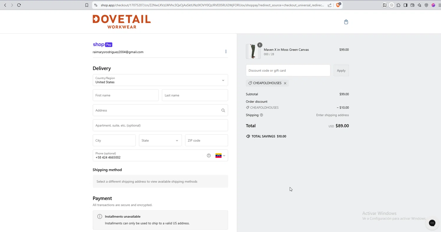 Dovetail Workwear discount code screenshot showing code CHEAPOLDHOUSES applied at Dovetail Workwear checkout page. Uploaded by SimplyCodes community member Nezukooo on Feb 11, 2025