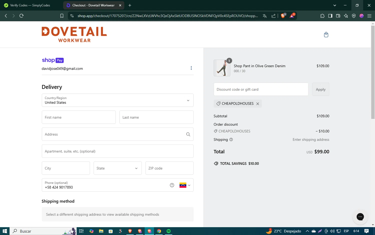 Dovetail Workwear discount code screenshot showing code CHEAPOLDHOUSES applied at Dovetail Workwear checkout page. Uploaded by SimplyCodes community member SmartSaver5448 on Feb 11, 2025
