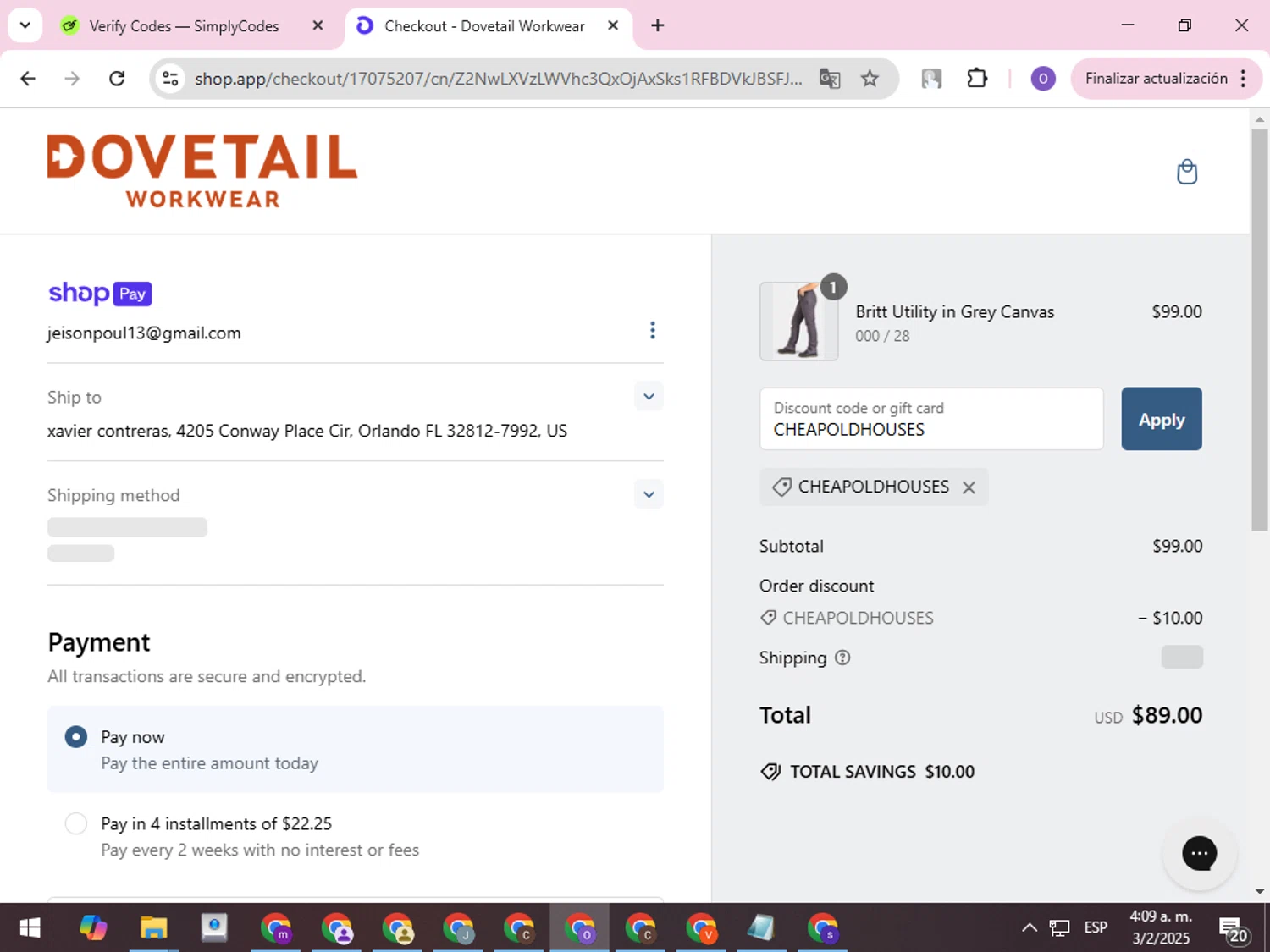 Dovetail Workwear discount code screenshot showing code CHEAPOLDHOUSES applied at Dovetail Workwear checkout page. Uploaded by SimplyCodes community member CleverLynx8245 on Feb 3, 2025