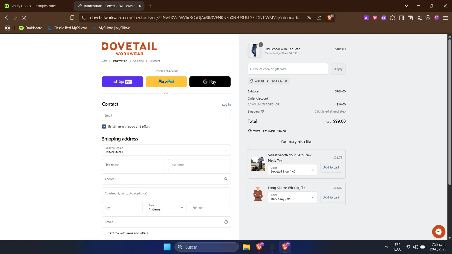 Dovetail Workwear discount code screenshot showing code WALNUTPROPSHOP applied at Dovetail Workwear checkout page. Uploaded by SimplyCodes community member TokenTitan4464 on Jun 20, 2025