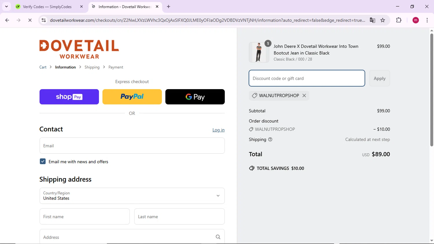 Dovetail Workwear discount code screenshot showing code WALNUTPROPSHOP applied at Dovetail Workwear checkout page. Uploaded by SimplyCodes community member PrimeSage7080 on Apr 2, 2025