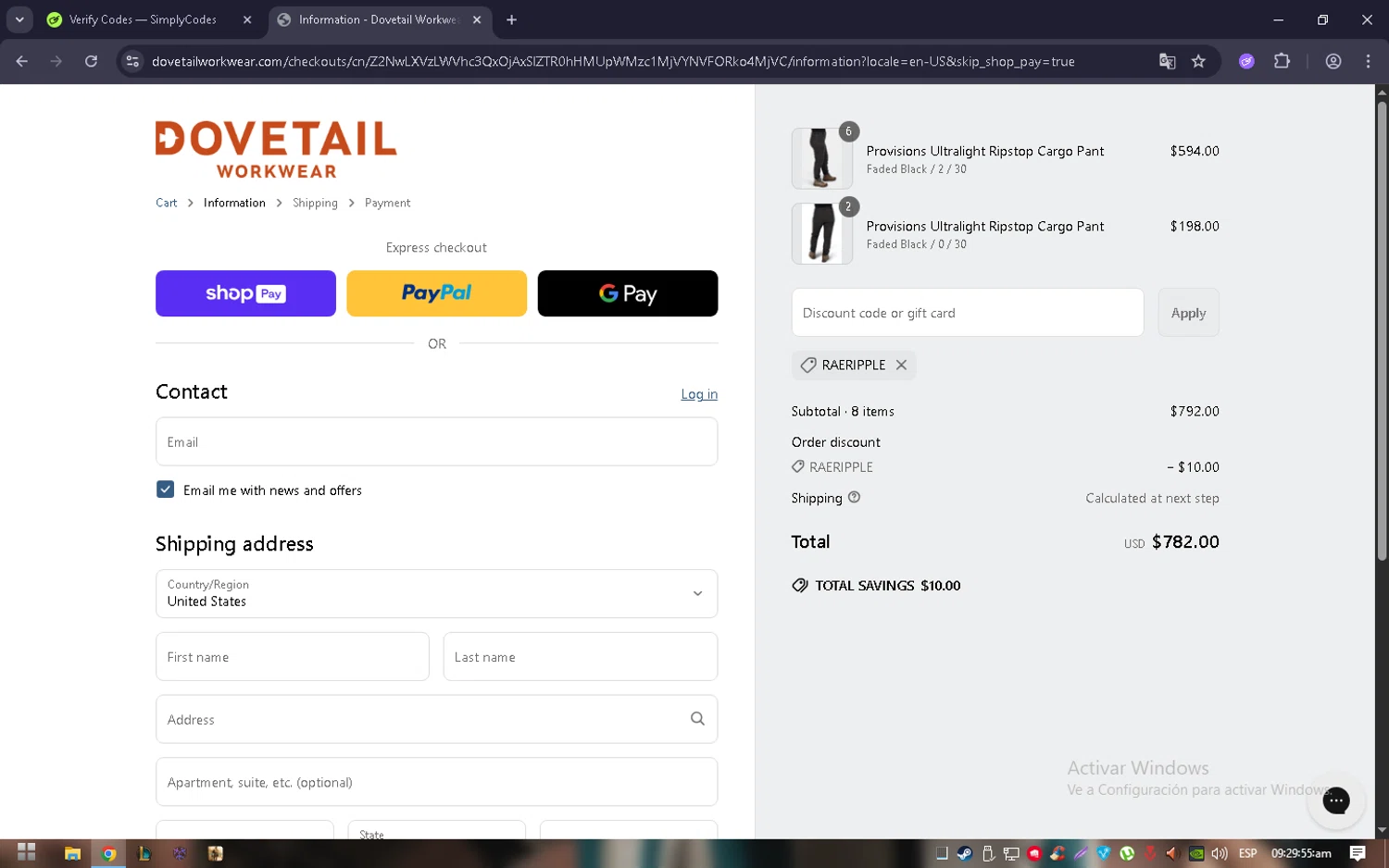 Dovetail Workwear discount code screenshot showing code RAERIPPLE applied at Dovetail Workwear checkout page. Uploaded by SimplyCodes community member Elvis_Medina on May 21, 2025