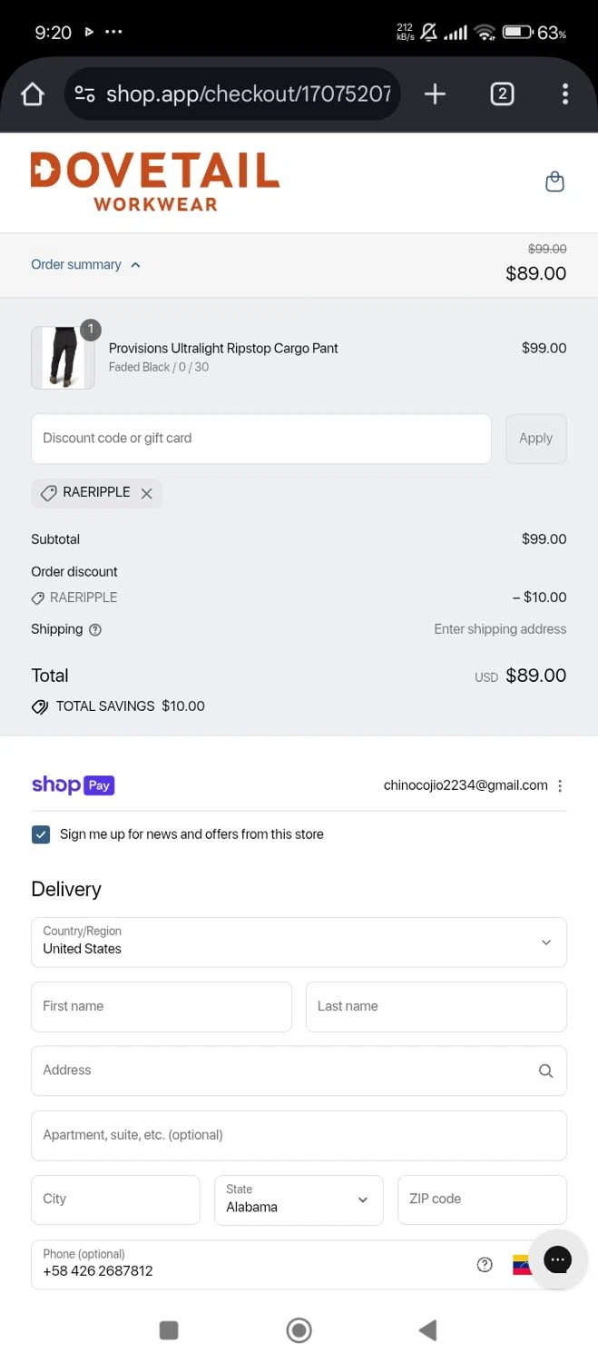 Dovetail Workwear discount code screenshot showing code RAERIPPLE applied at Dovetail Workwear checkout page. Uploaded by SimplyCodes community member Lhhfhii on Jul 22, 2025