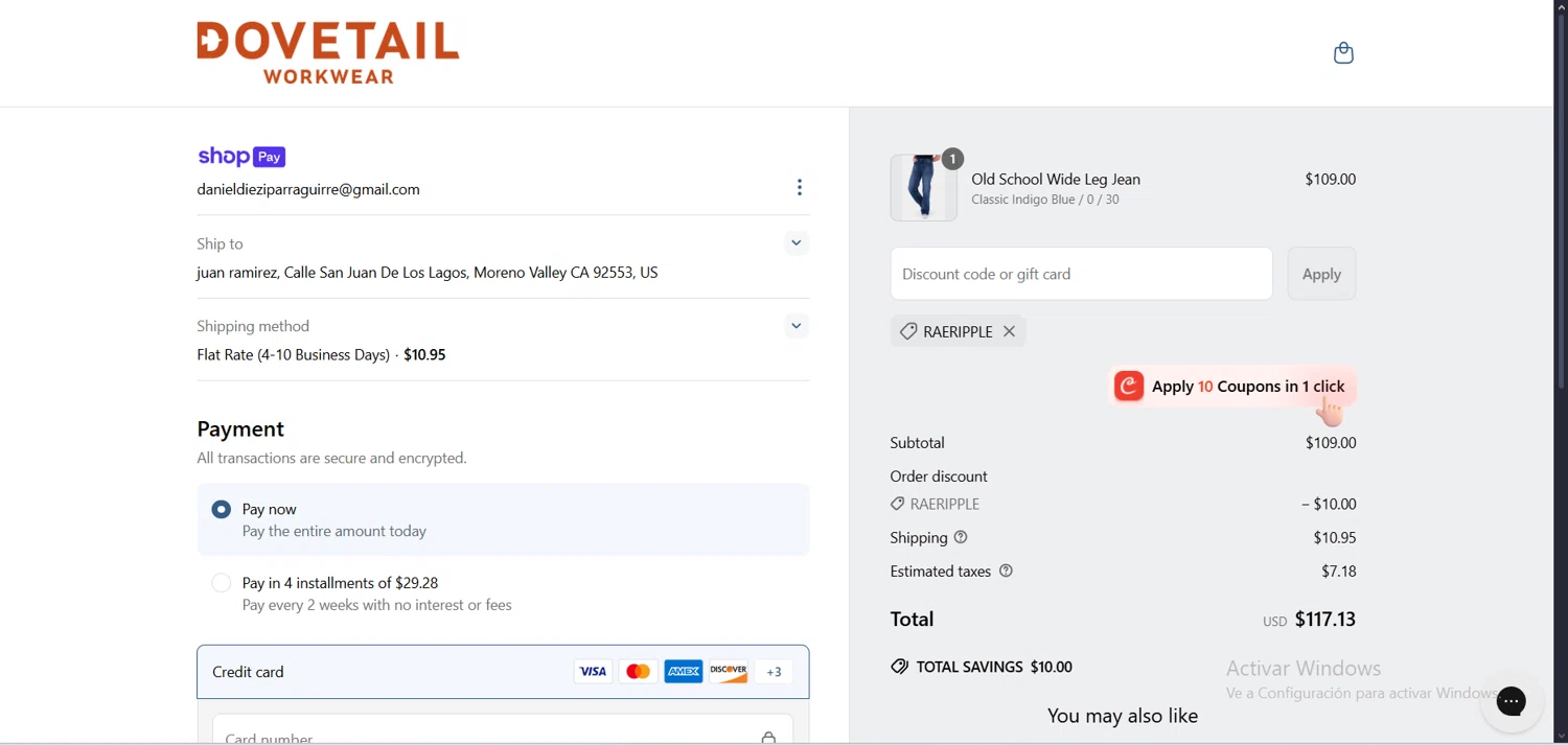 Dovetail Workwear discount code screenshot showing code RAERIPPLE applied at Dovetail Workwear checkout page. Uploaded by SimplyCodes community member comepingas on Jun 14, 2025