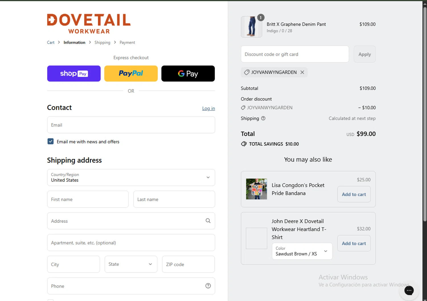 Dovetail Workwear discount code screenshot showing code Joyvanwyngarden applied at Dovetail Workwear checkout page. Uploaded by SimplyCodes community member RewardPhoenix3732 on Aug 21, 2025