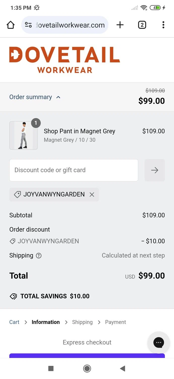 Dovetail Workwear discount code screenshot showing code Joyvanwyngarden applied at Dovetail Workwear checkout page. Uploaded by SimplyCodes community member MightyBoss9975 on Jan 26, 2025