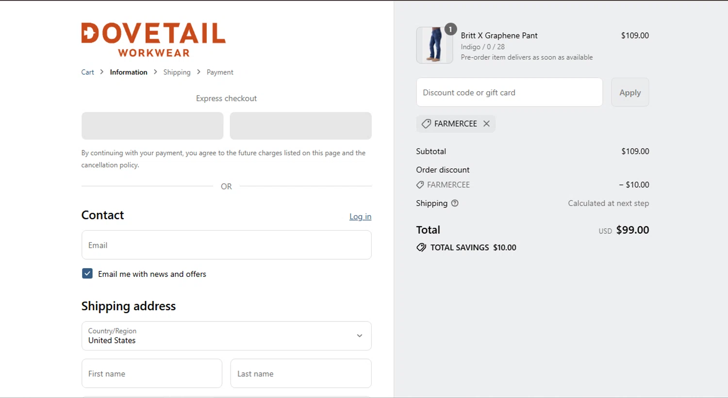 Dovetail Workwear discount code screenshot showing code FARMERCEE applied at Dovetail Workwear checkout page. Uploaded by SimplyCodes community member Camila on Aug 15, 2025
