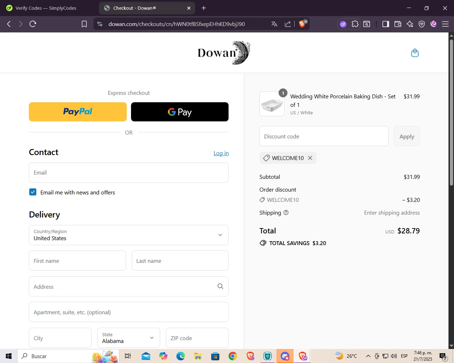 DOWAN promo code screenshot showing code welcome10 applied at DOWAN checkout page. Uploaded by SimplyCodes community member Yure1313 on Jul 21, 2025