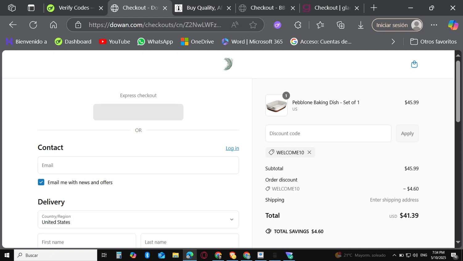 DOWAN promo code screenshot showing code welcome10 applied at DOWAN checkout page. Uploaded by SimplyCodes community member Carbon132 on May 10, 2025