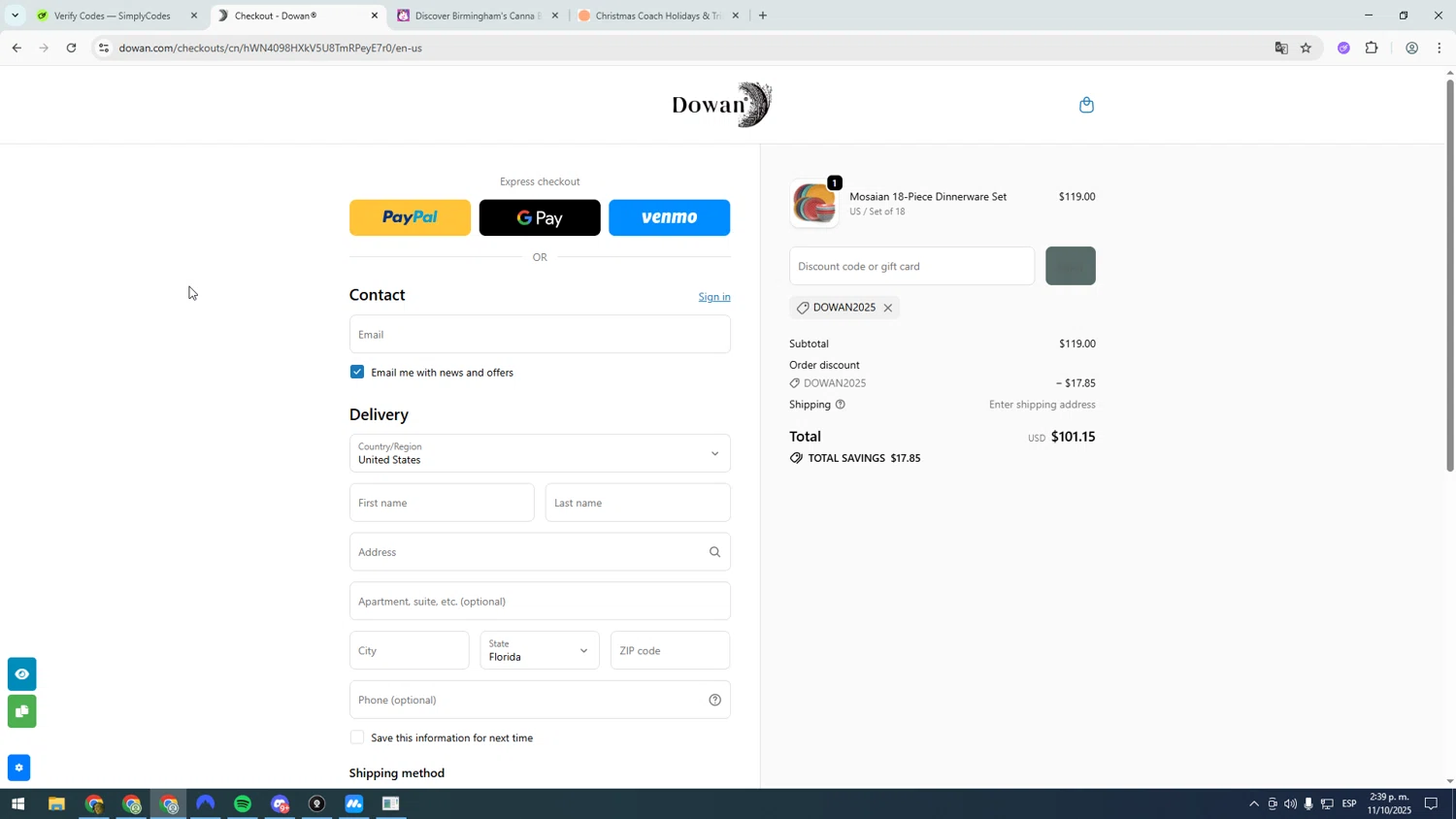 DOWAN promo code screenshot showing code DOWAN2025 applied at DOWAN checkout page. Uploaded by SimplyCodes community member asdasdasd on Oct 11, 2025