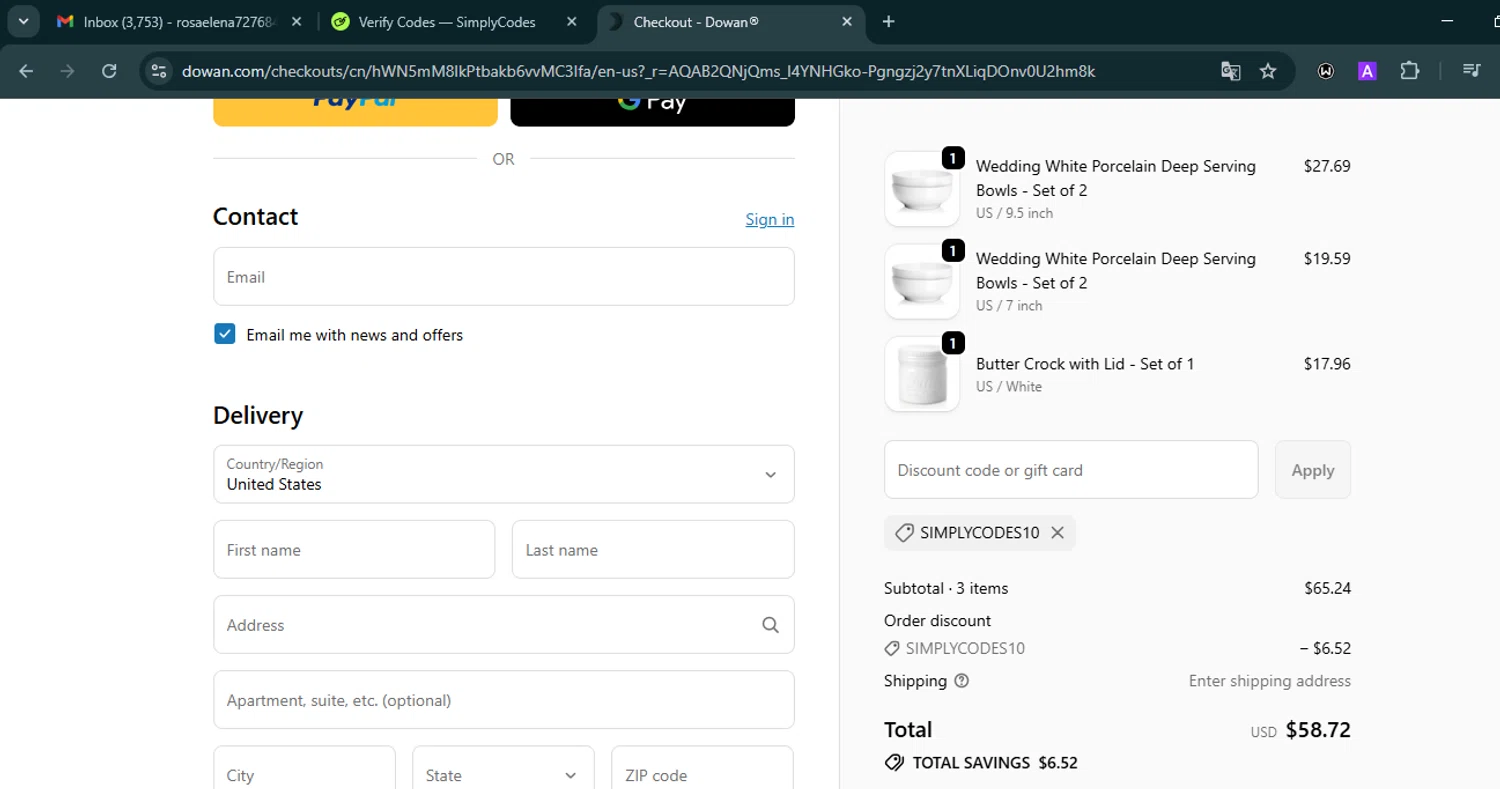 DOWAN promo code screenshot showing code SIMPLYCODES10 applied at DOWAN checkout page. Uploaded by SimplyCodes community member VoucherHero6322 on Nov 27, 2025