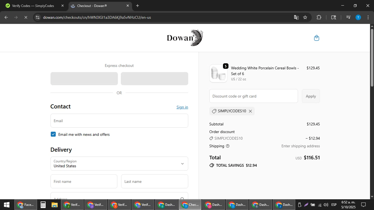DOWAN promo code screenshot showing code SIMPLYCODES10 applied at DOWAN checkout page. Uploaded by SimplyCodes community member hankt1521 on Oct 5, 2025