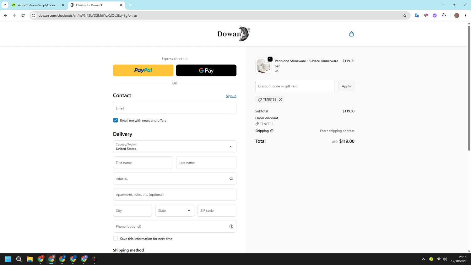 DOWAN promo code screenshot showing code TENET32 applied at DOWAN checkout page. Uploaded by SimplyCodes community member CashSleuth106 on Oct 13, 2025
