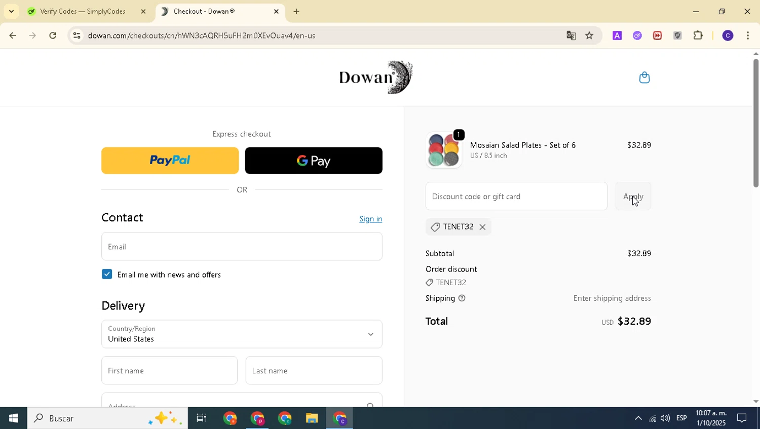 DOWAN promo code screenshot showing code TENET32 applied at DOWAN checkout page. Uploaded by SimplyCodes community member alexanderarnold on Oct 1, 2025