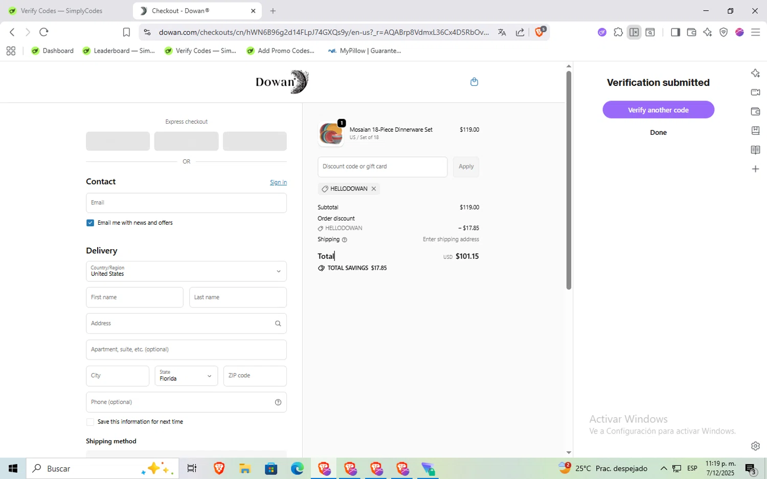 DOWAN promo code screenshot showing code HELLODOWAN applied at DOWAN checkout page. Uploaded by SimplyCodes community member Rayyyyyy on Dec 8, 2025