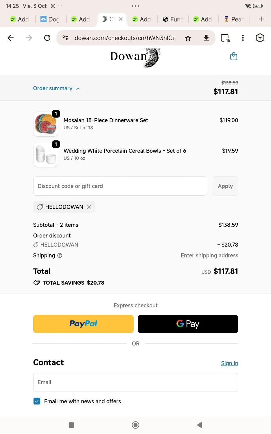 DOWAN promo code screenshot showing code HELLODOWAN applied at DOWAN checkout page. Uploaded by SimplyCodes community member KarinaHZ on Oct 3, 2025