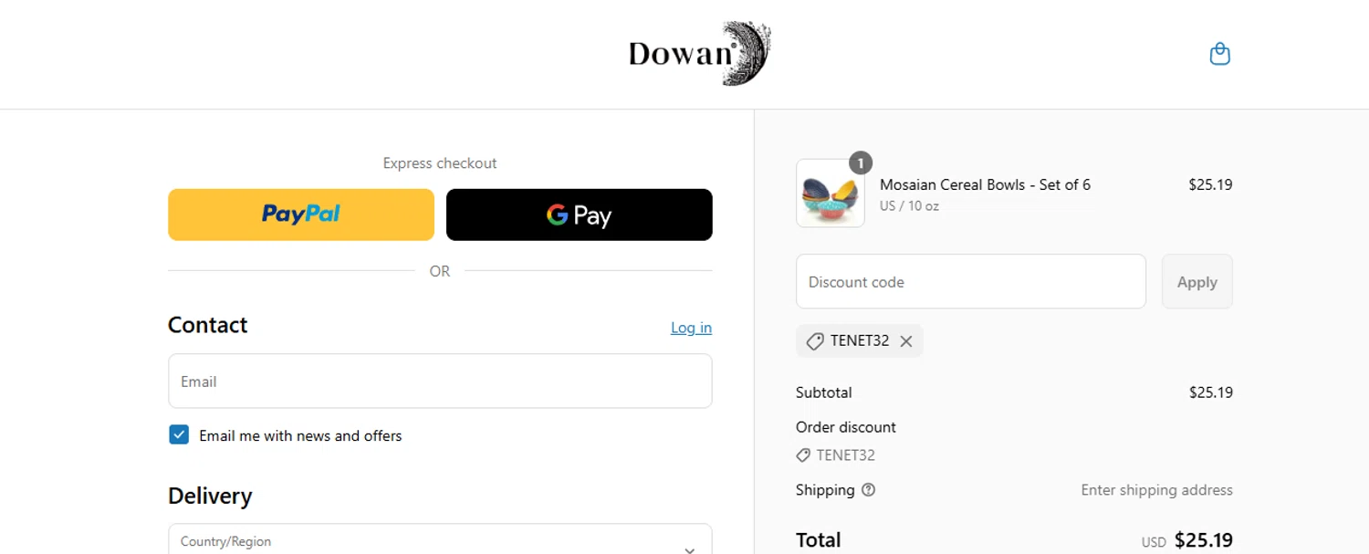 DOWAN promo code screenshot showing code TENET32 applied at DOWAN checkout page. Uploaded by SimplyCodes community member ashe1986 on Jul 9, 2025