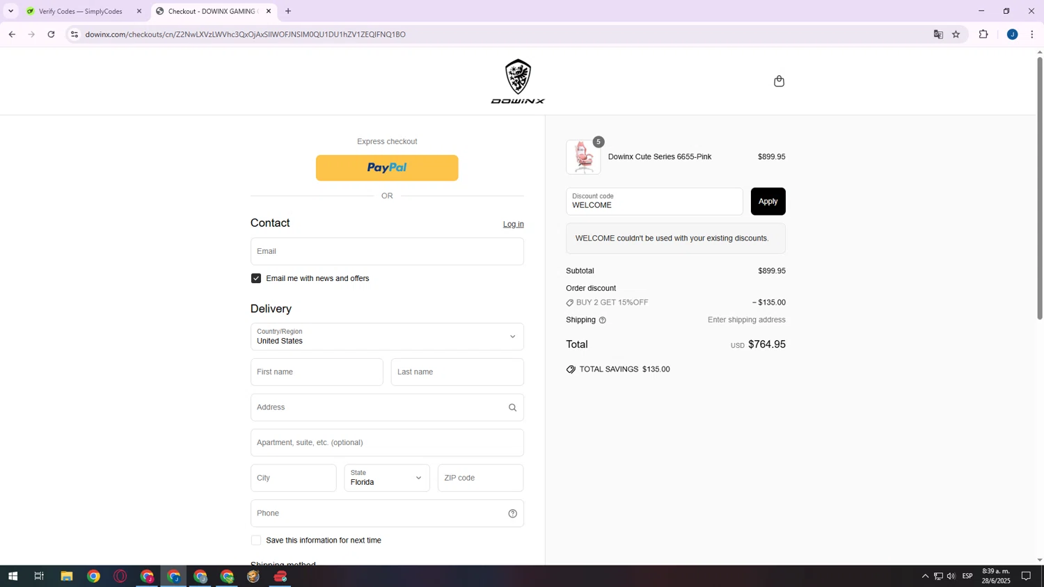 Dowinx discount code screenshot showing code WELCOME applied at Dowinx checkout page. Uploaded by SimplyCodes community member LegendaryLegend1278 on Jun 28, 2025