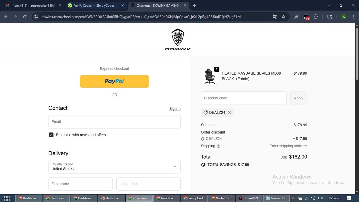 Dowinx discount code screenshot showing code DEALZ24 applied at Dowinx checkout page. Uploaded by SimplyCodes community member CashLynx5338 on Dec 14, 2025