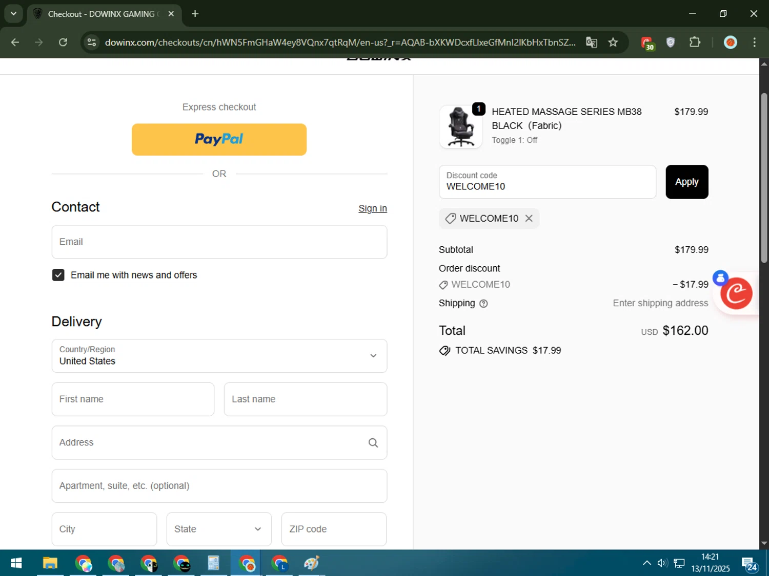 Dowinx discount code screenshot showing code WELCOME10 applied at Dowinx checkout page. Uploaded by SimplyCodes community member RewardPilot7235 on Nov 13, 2025