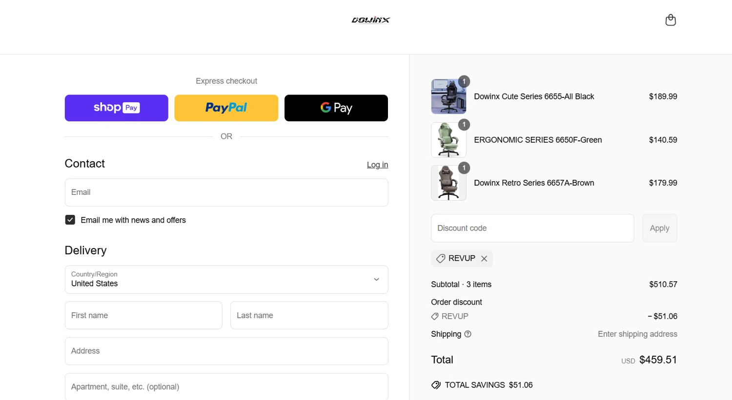 Dowinx discount code screenshot showing code REVUP applied at Dowinx checkout page. Uploaded by SimplyCodes community member jade5416625024720 on Mar 24, 2025