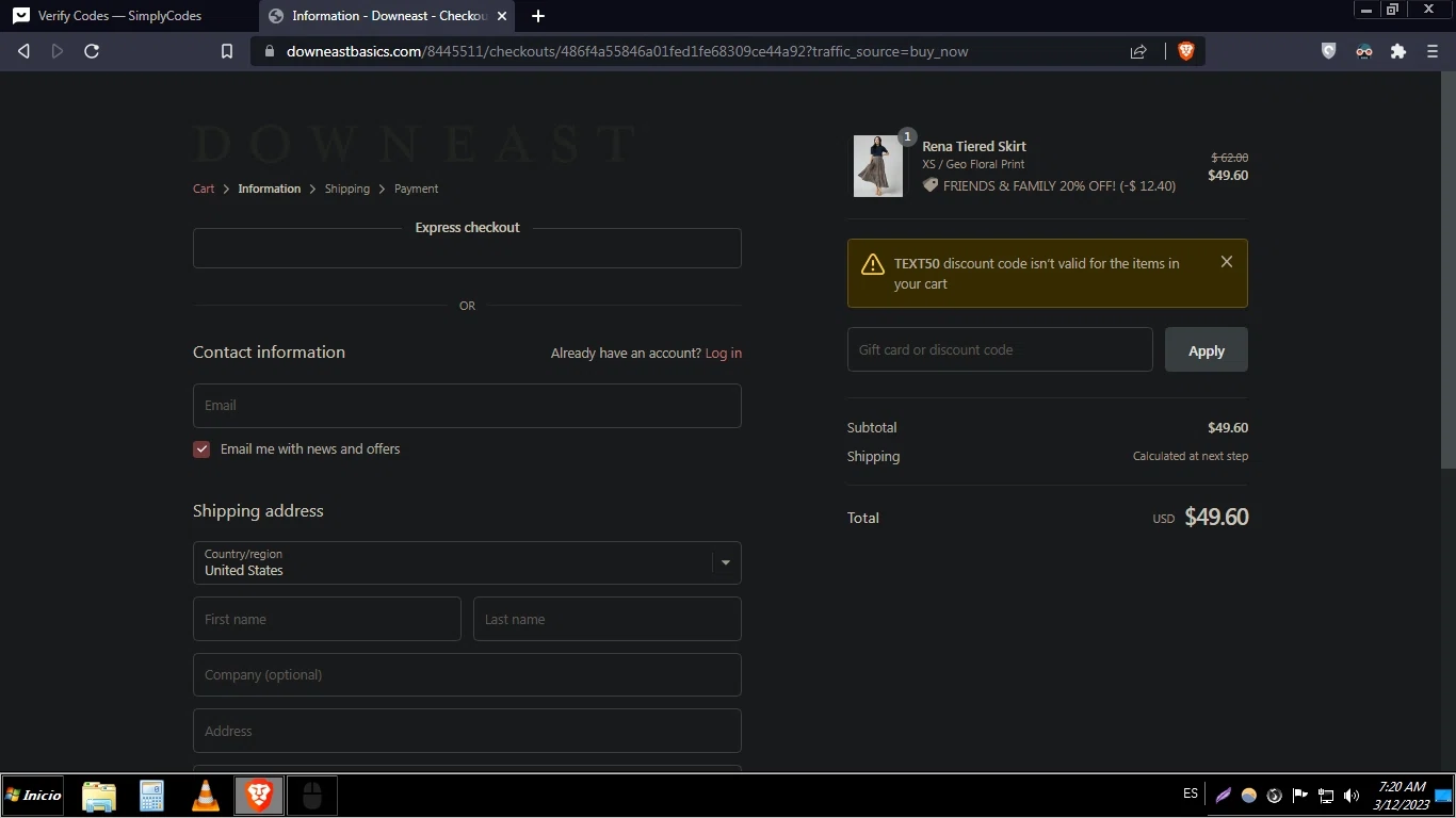 DownEast Basics checkout page showing DownEast Basics promo code box | Screenshot taken by SimplyCodes community member on Mar 12, 2023