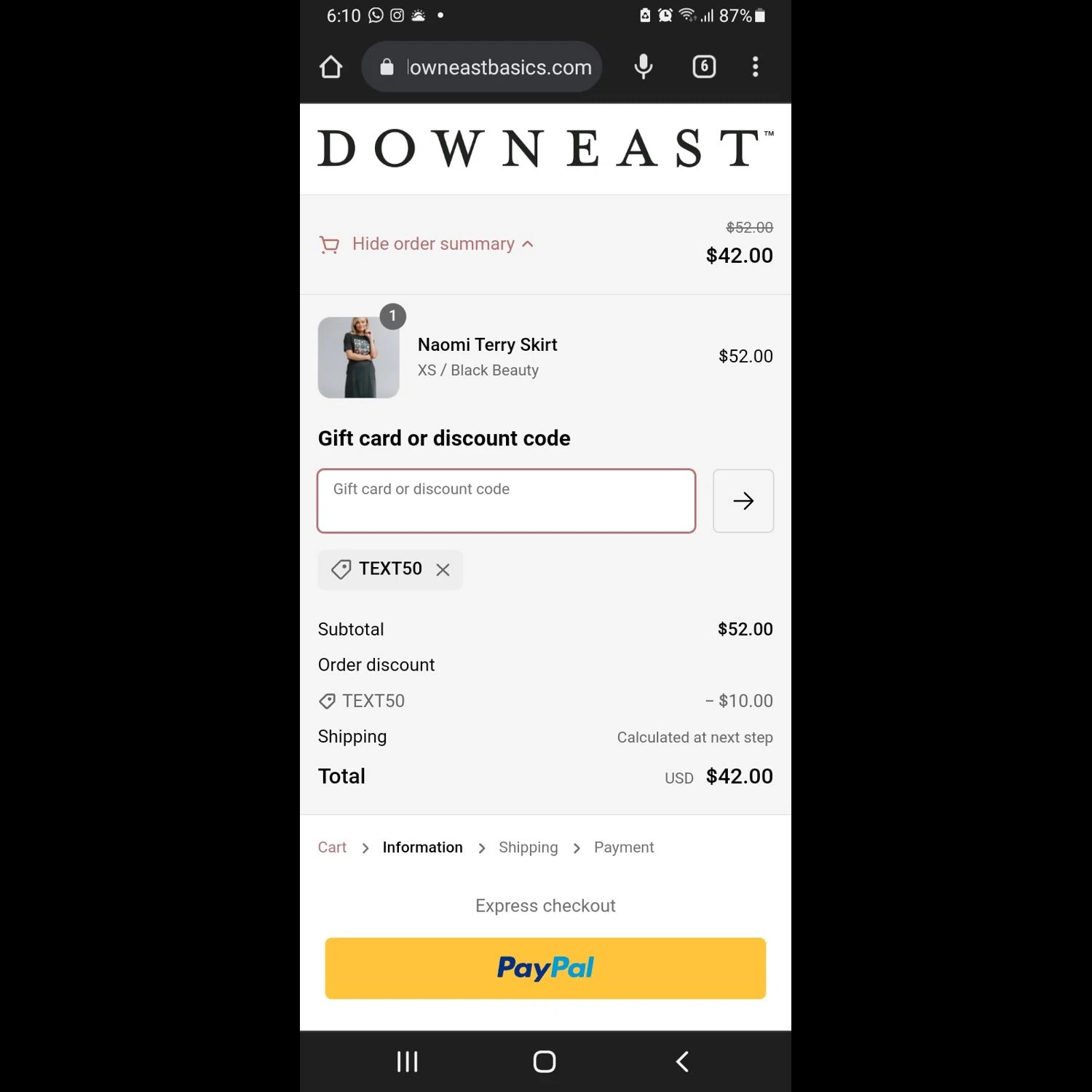 DownEast Basics checkout page showing DownEast Basics promo code box | Screenshot taken by SimplyCodes community member on Sep 10, 2023