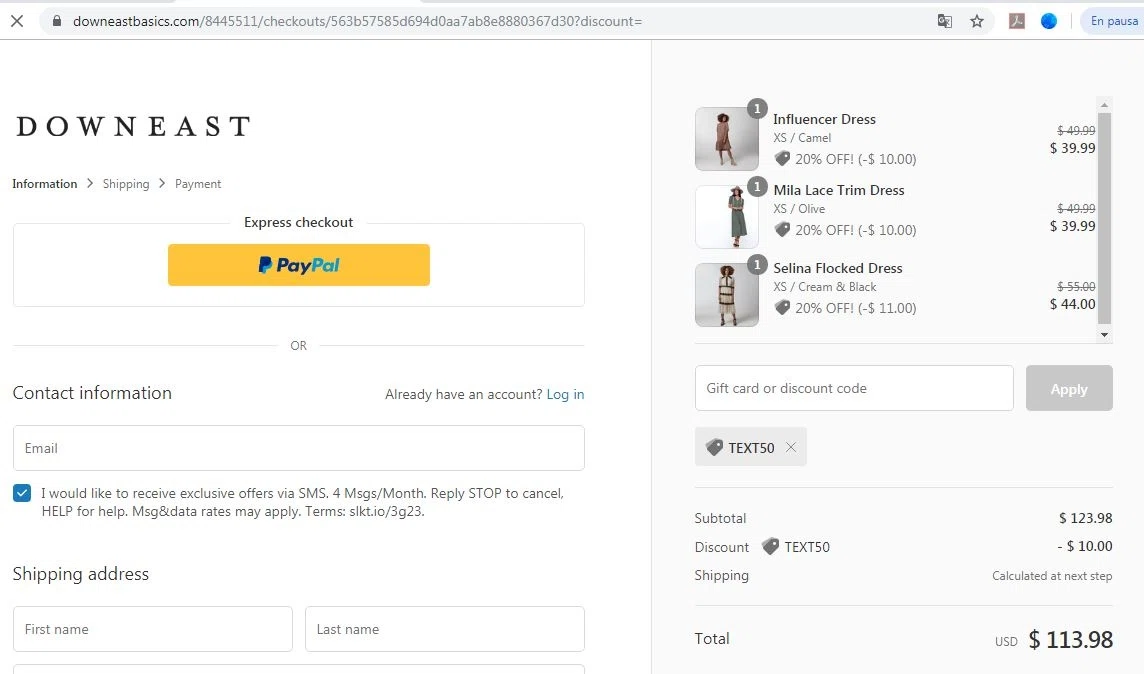 DownEast Basics checkout page showing DownEast Basics promo code box | Screenshot taken by SimplyCodes community member on Sep 2, 2020