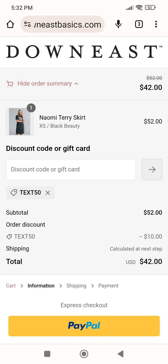 DownEast Basics checkout page showing DownEast Basics promo code box | Screenshot taken by SimplyCodes community member on Oct 17, 2023