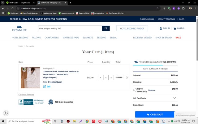 Downlite Bedding checkout page showing Downlite Bedding promo code box | Screenshot taken by SimplyCodes community member on Sep 1, 2025