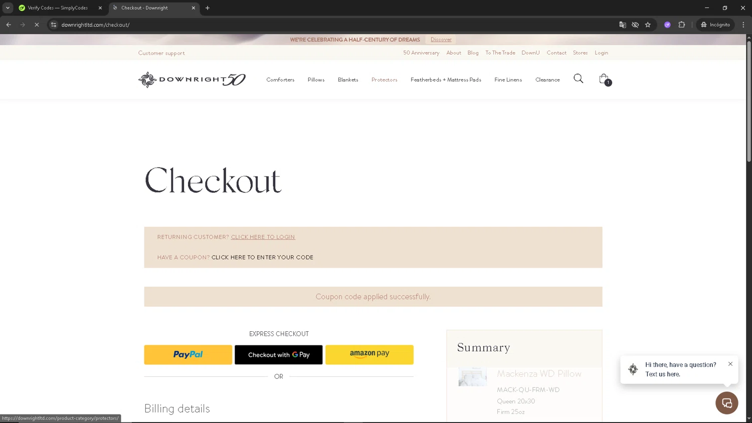 Downright promo code screenshot showing code FIRST15 applied at Downright checkout page. Uploaded by SimplyCodes community member SAKURA on Dec 5, 2025