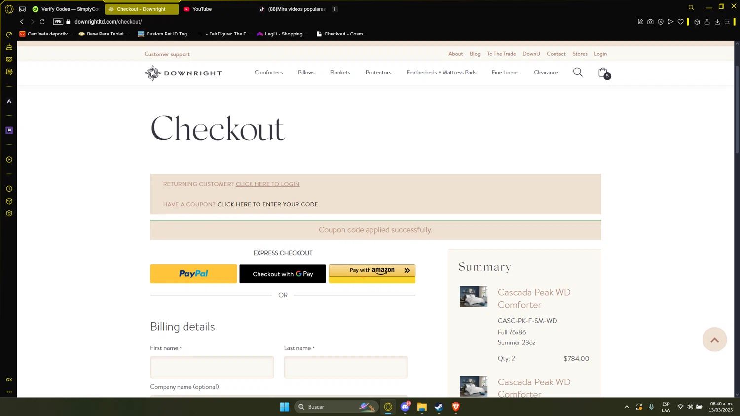 Downright checkout page showing Downright promo code box | Screenshot taken by SimplyCodes community member on Mar 13, 2025