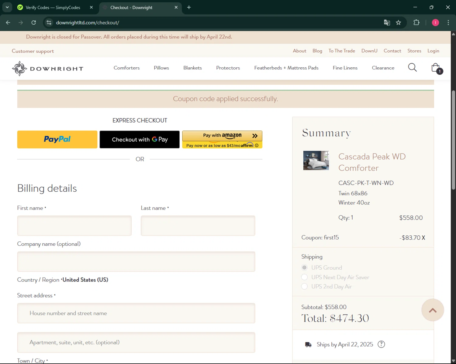 Downright promo code screenshot showing code FIRST15 applied at Downright checkout page. Uploaded by SimplyCodes community member BargainSeeker9964 on Apr 11, 2025
