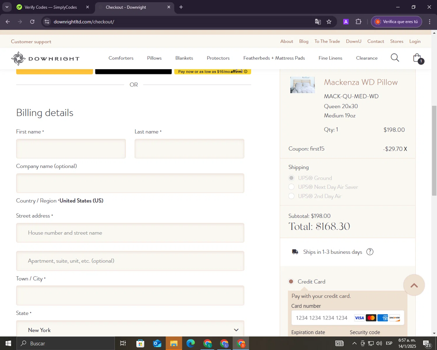 Downright checkout page showing Downright promo code box | Screenshot taken by SimplyCodes community member on Jan 14, 2025