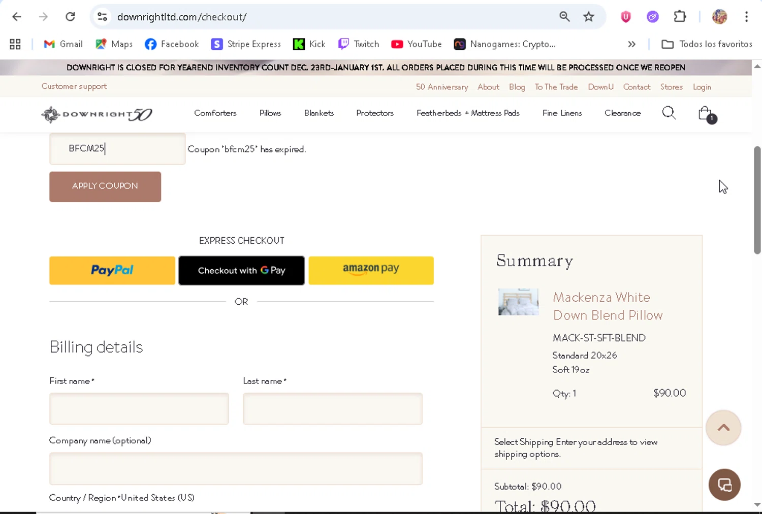 Downright promo code screenshot showing code BFCM25 applied at Downright checkout page. Uploaded by SimplyCodes community member ronaldhernandez on Dec 26, 2025