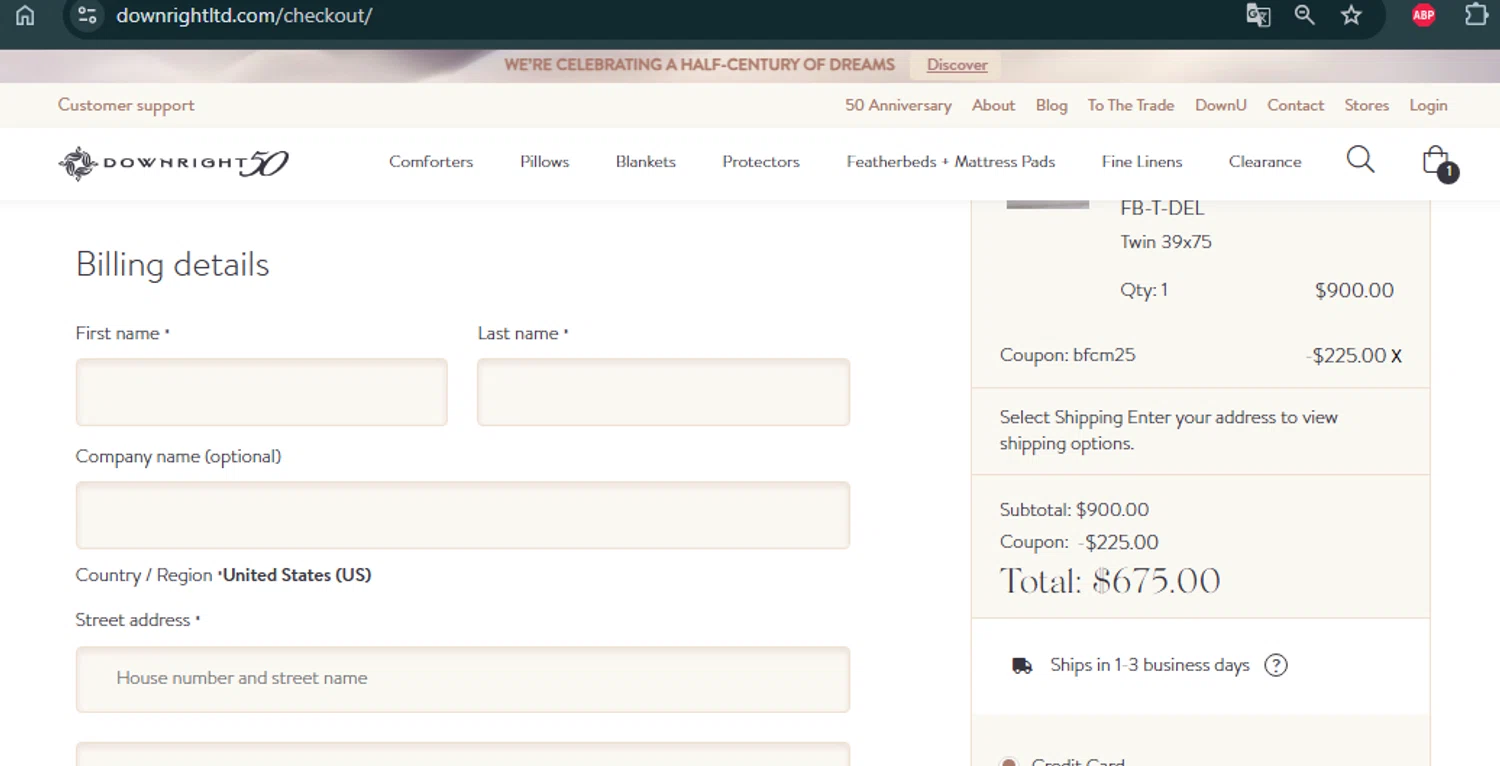 Downright promo code screenshot showing code BFCM25 applied at Downright checkout page. Uploaded by SimplyCodes community member Jhonny on Nov 27, 2025