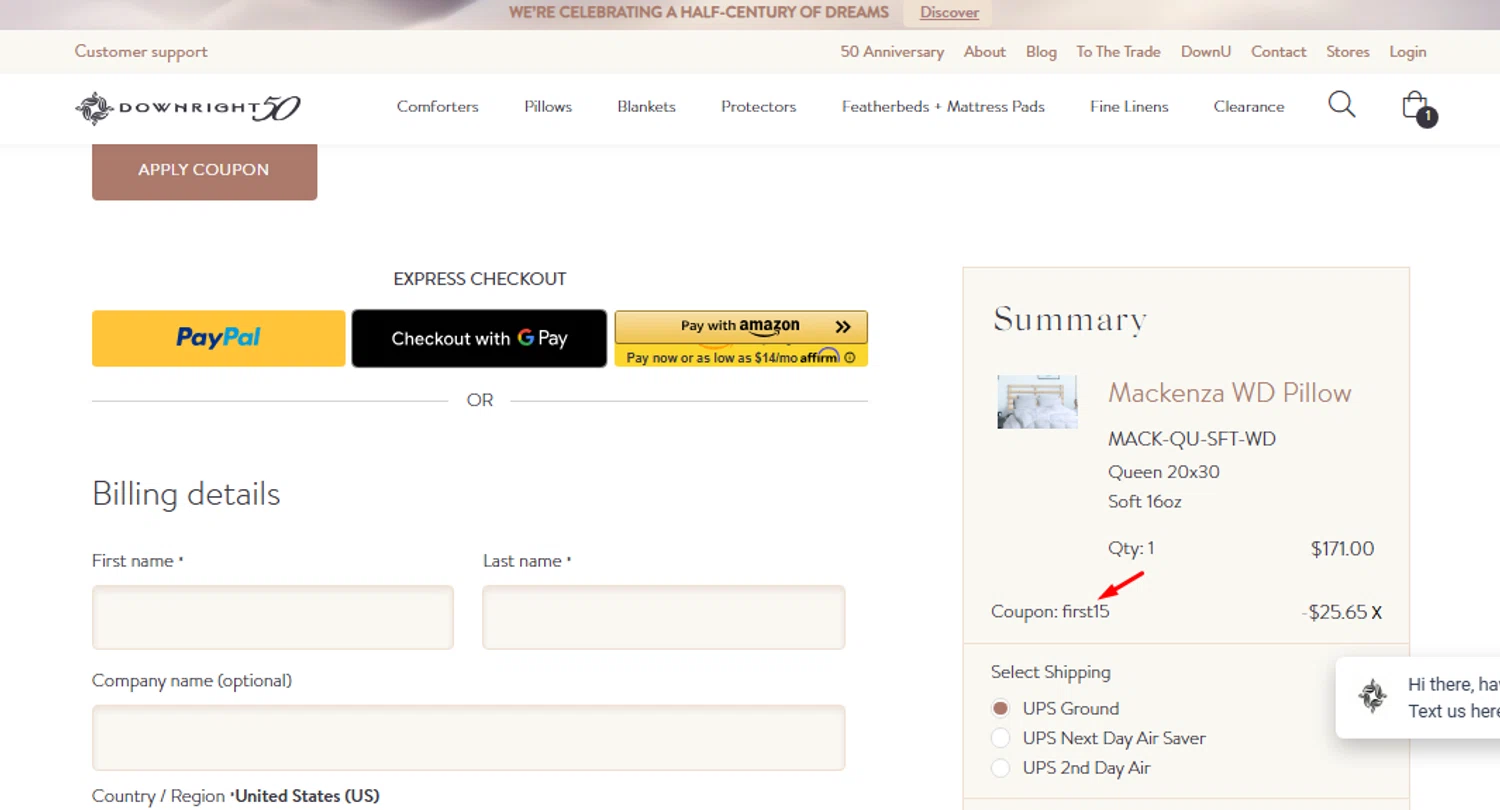 Downright promo code screenshot showing code FIRST15 applied at Downright checkout page. Uploaded by SimplyCodes community member carlosrivero on Sep 3, 2025
