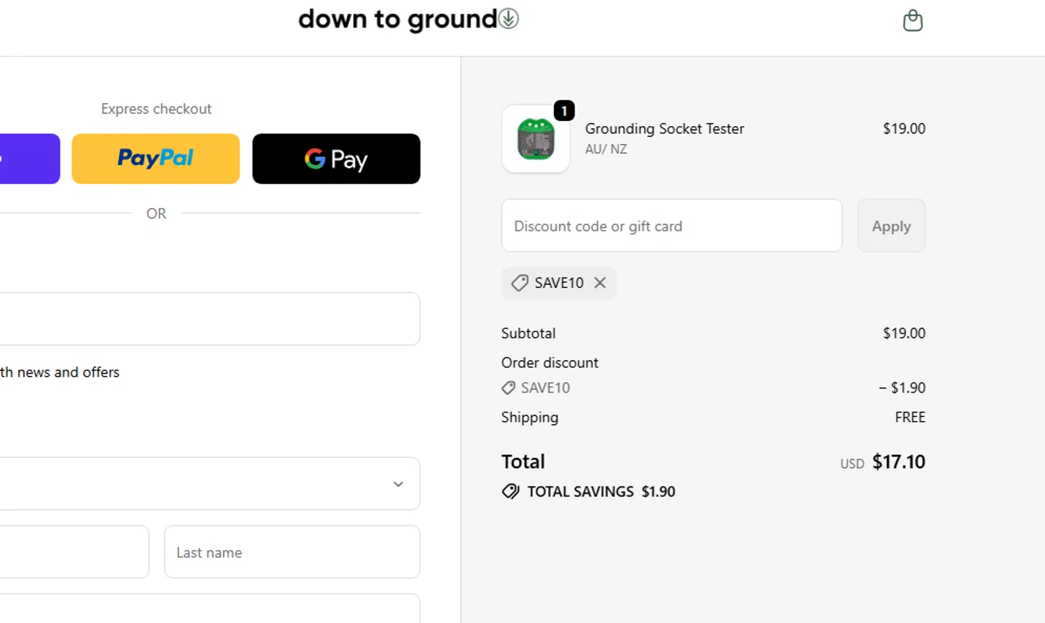 Down To Ground discount code screenshot showing code SAVE10 applied at Down To Ground checkout page. Uploaded by SimplyCodes community member LieutenantGhost on Oct 4, 2025