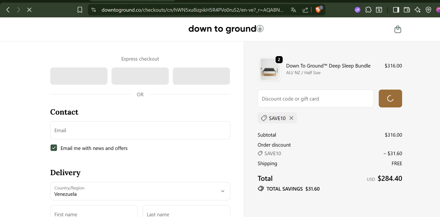 Down To Ground discount code screenshot showing code SAVE10 applied at Down To Ground checkout page. Uploaded by SimplyCodes community member SwiftLynx6587 on Dec 2, 2025