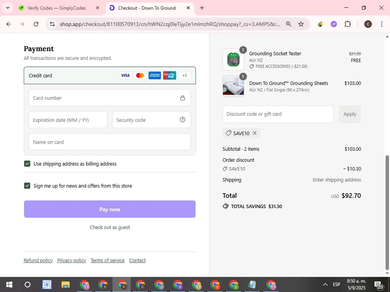 Down To Ground discount code screenshot showing code SAVE10 applied at Down To Ground checkout page. Uploaded by SimplyCodes community member WonderCurator7831 on Sep 5, 2025